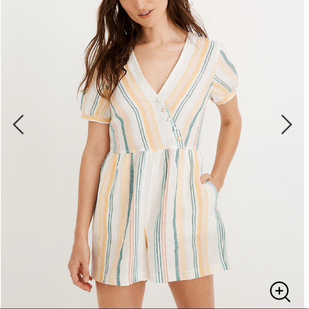 Madewell Linen Button-Wrap Romper in Stripe size 4